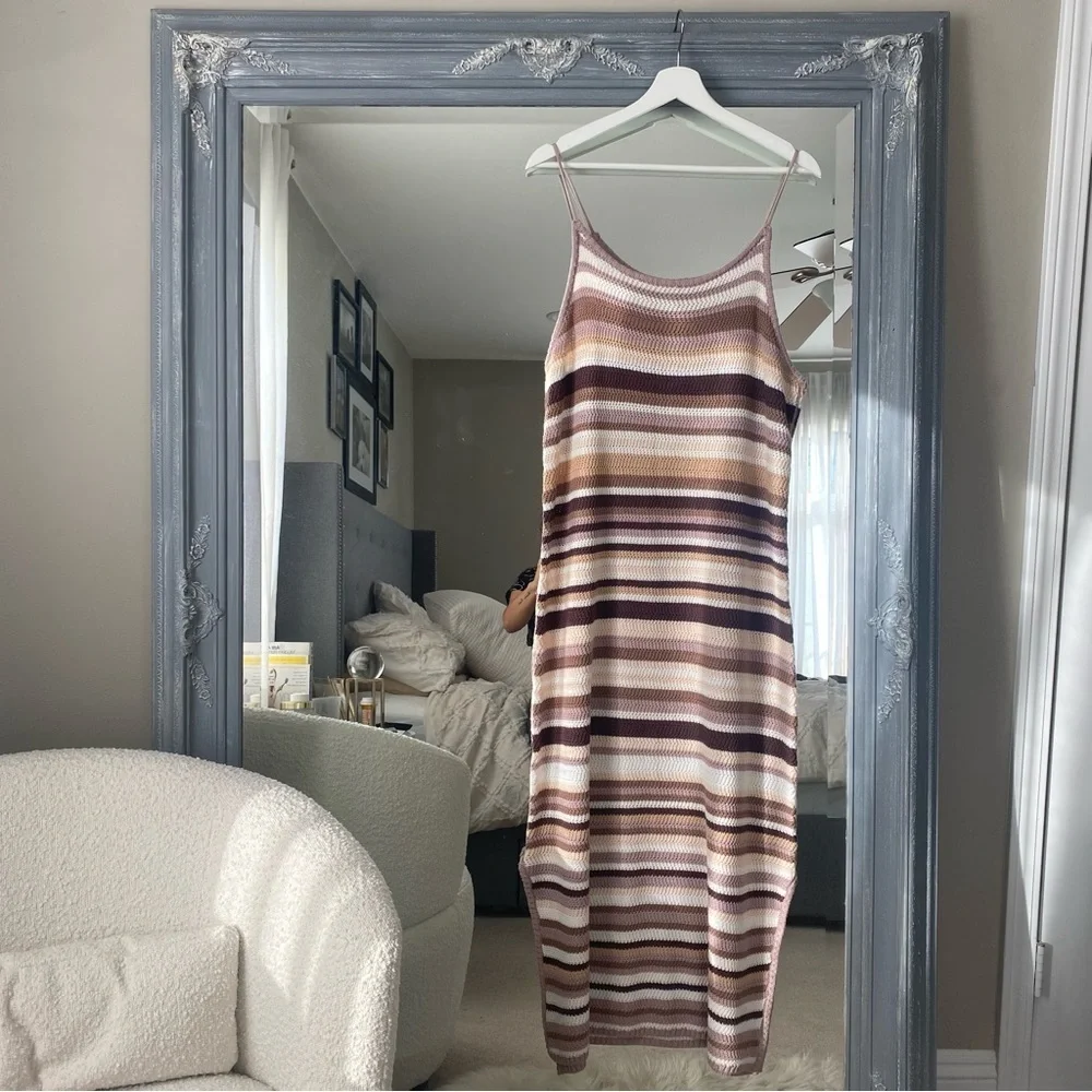 NWT House of Harlow 1960 Boho Neutral Brown Crochet Knit Striped Midi Dress XL - Picture 5 of 9